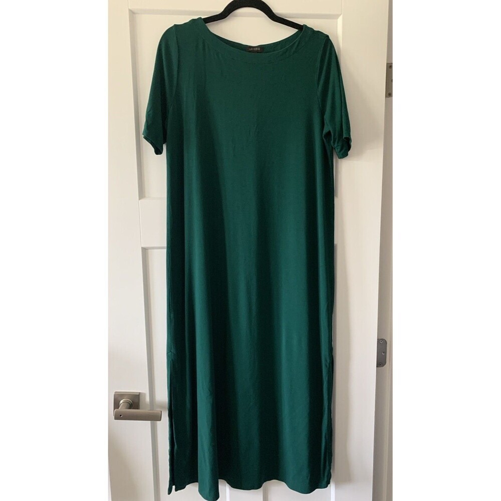 J. Jill Short Sleeve Maxi Dress Stretch Pleated Back Women's Green Medium Petite